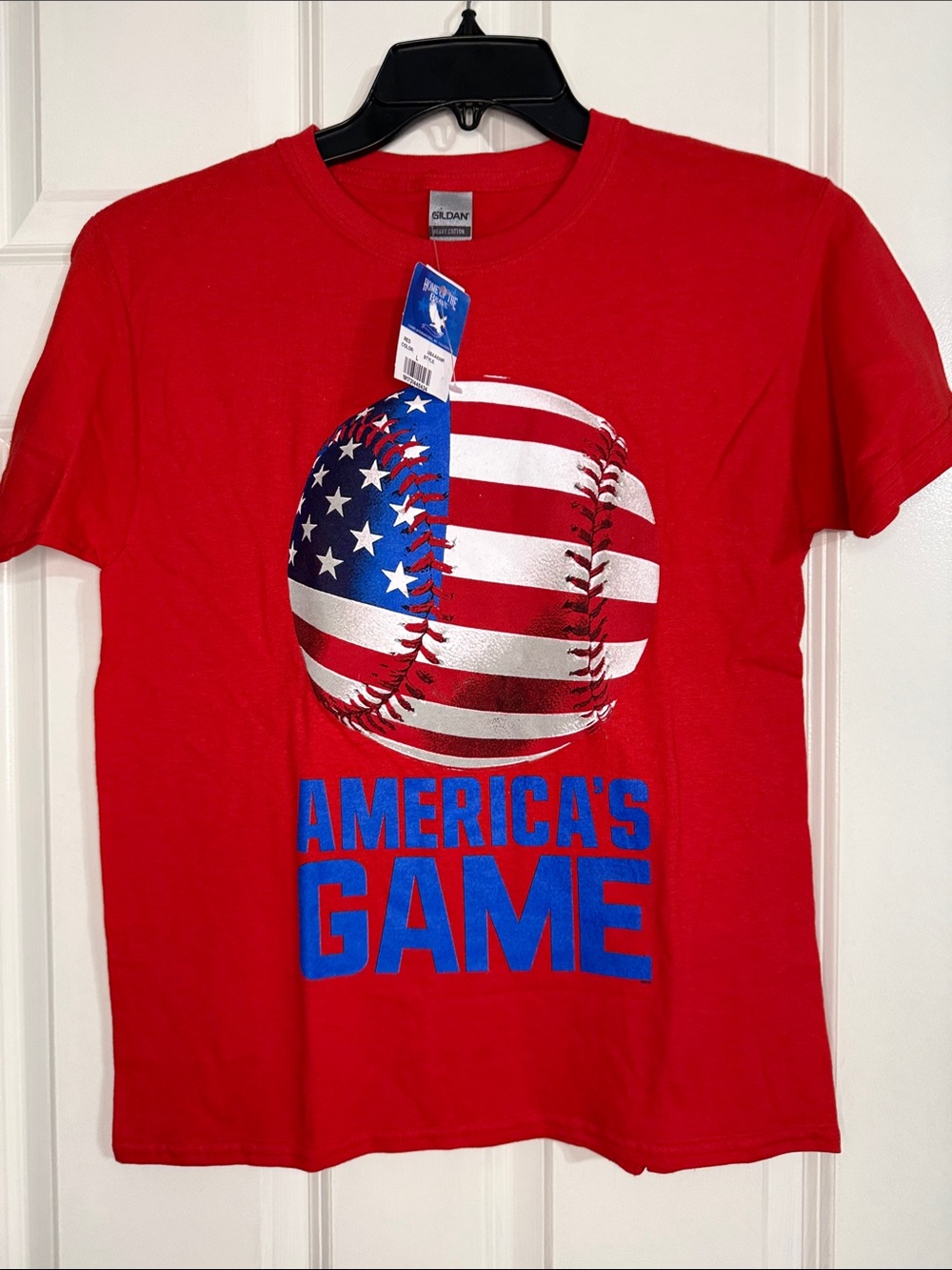 Gildan Red Kids Tee with Patriotic Baseball Graphic